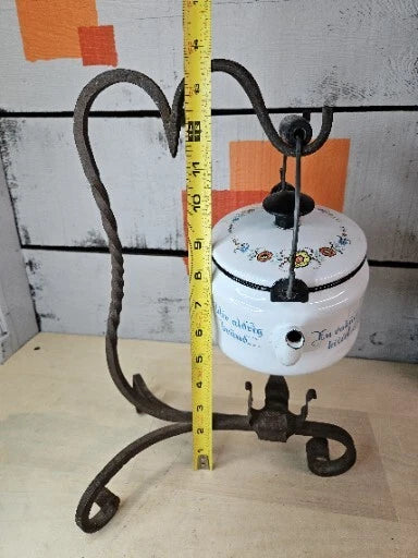 Vintage Enamel Folk Art Tea Pot With Cast Iron Stand