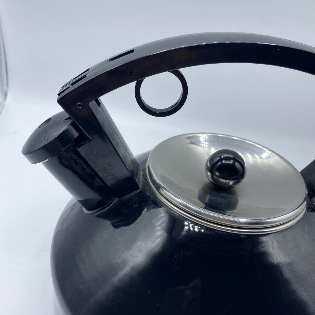 Vintage Black Enamel Tea Kettle Metal Sleek Design Silver Lid Black Knob