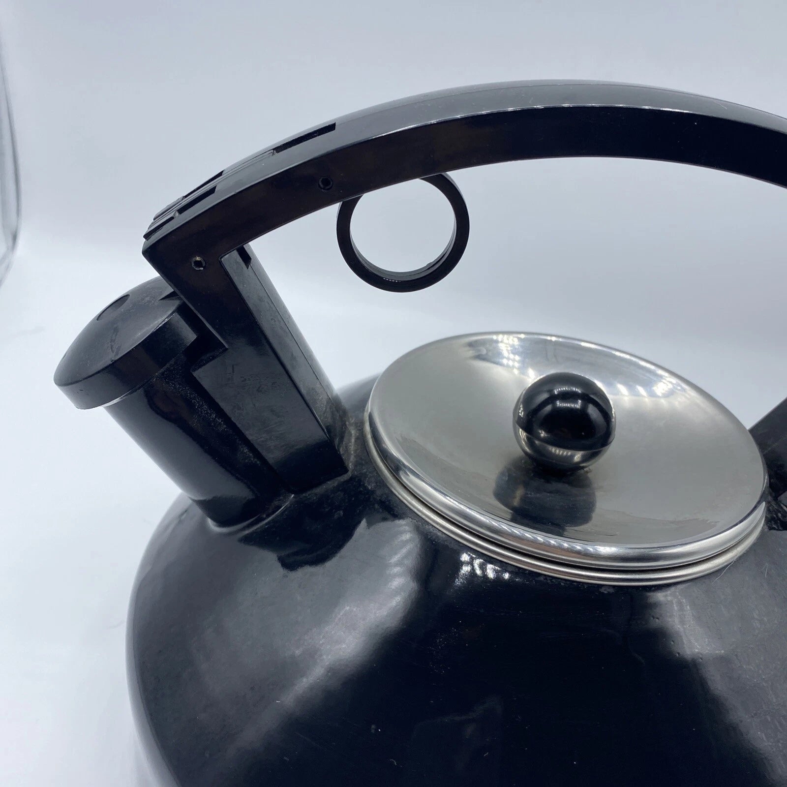 Vintage Black Enamel Tea Kettle Metal Sleek Design Silver Lid Black Knob