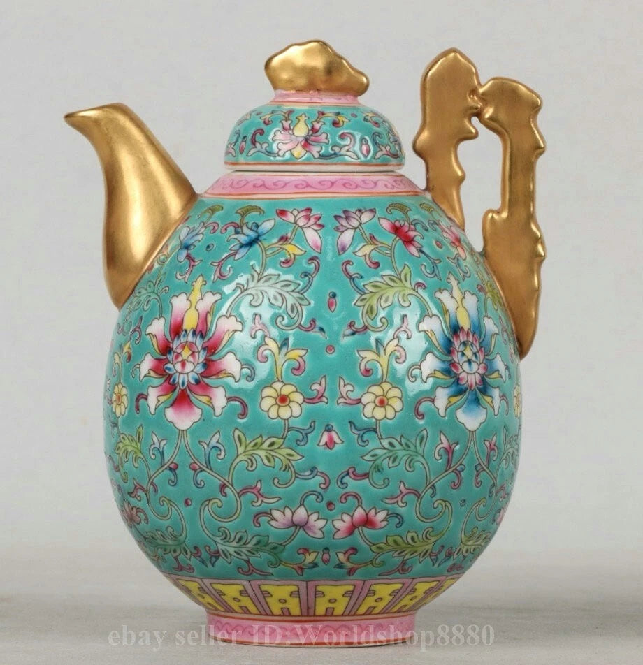 8.5" Yongzheng Marked Enamel Porcelain Gilt Flower Pattern Tea Pot Cup Plate Set