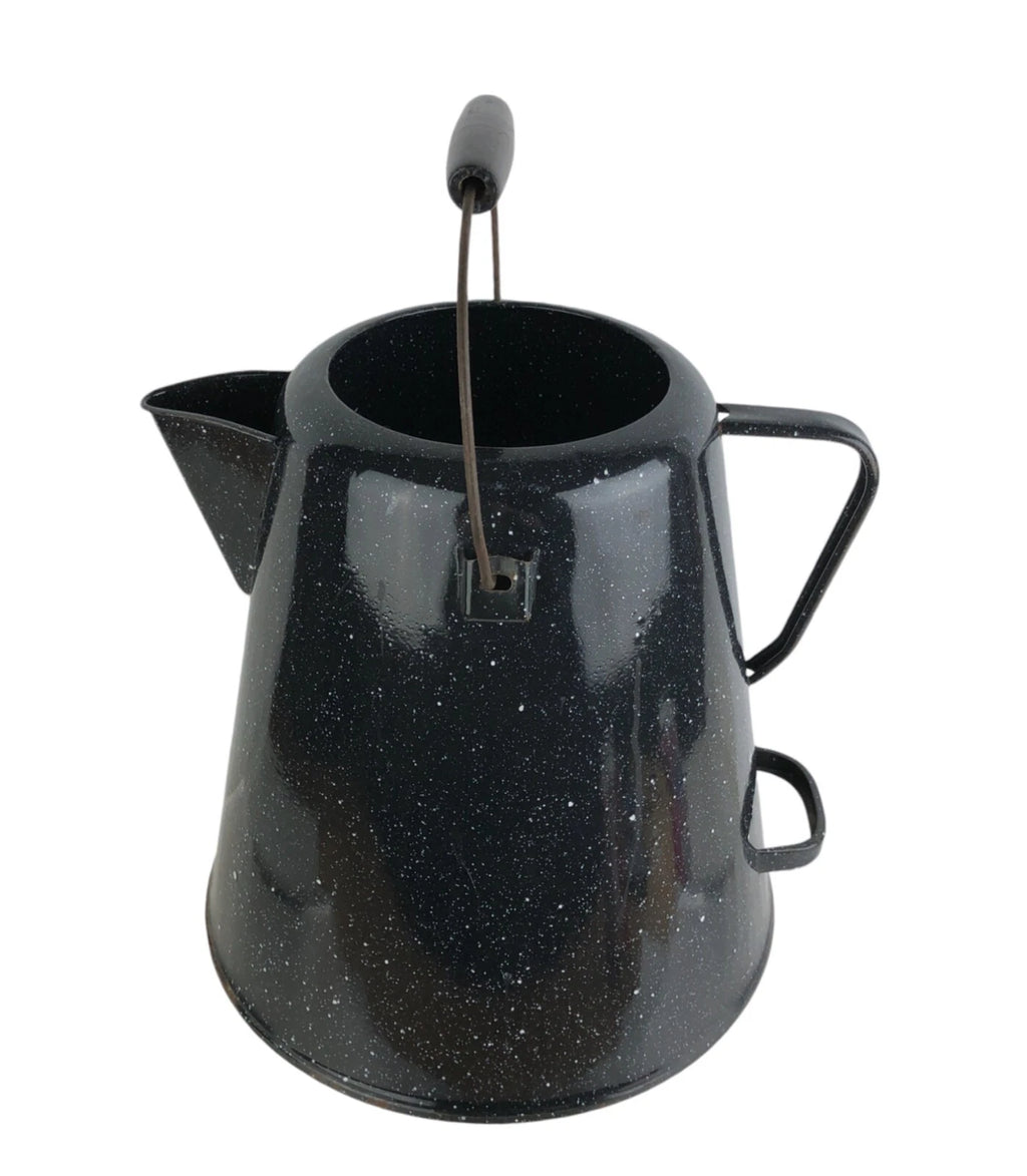 Vtg Enamelware Coffee Tea Pot Camping Kettle Black Speckled 10.5” Tall No Lid