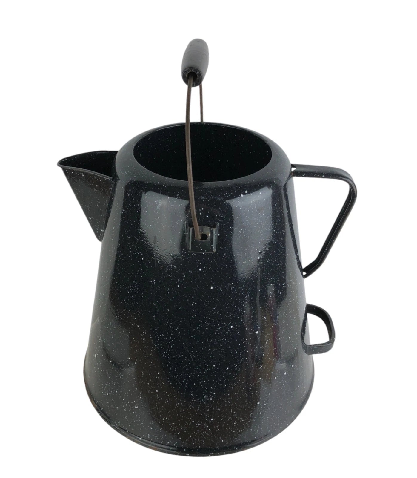 Vtg Enamelware Coffee Tea Pot Camping Kettle Black Speckled 10.5” Tall No Lid