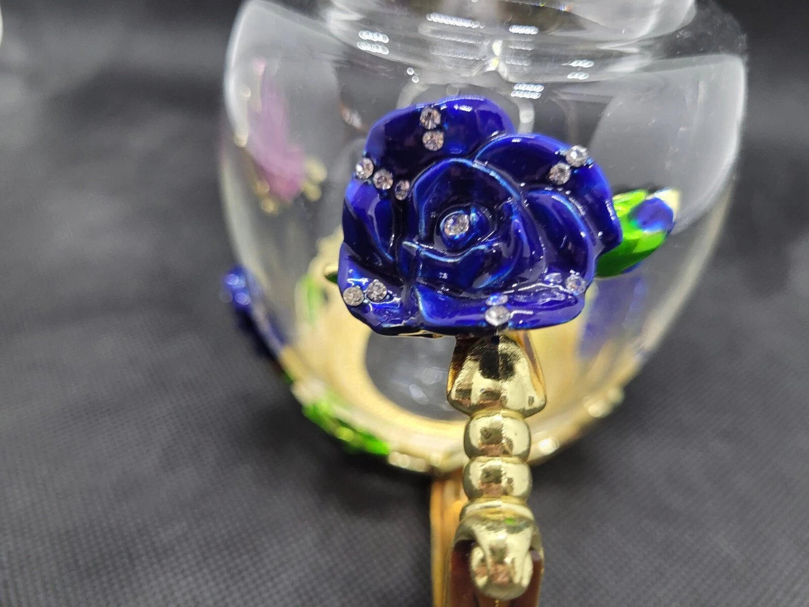 Teffania Teapot Handcrafted Crystal Glass W Blue Roses And Rhinestons 12 OZ  A12