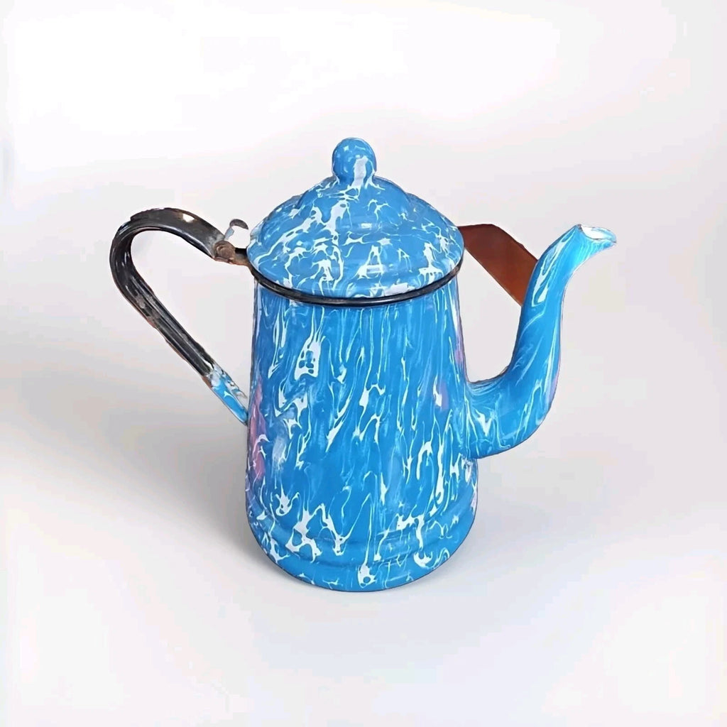 Vintage French Blue Splatterware Enamel Pitcher Perfectly Primitive Coffee...