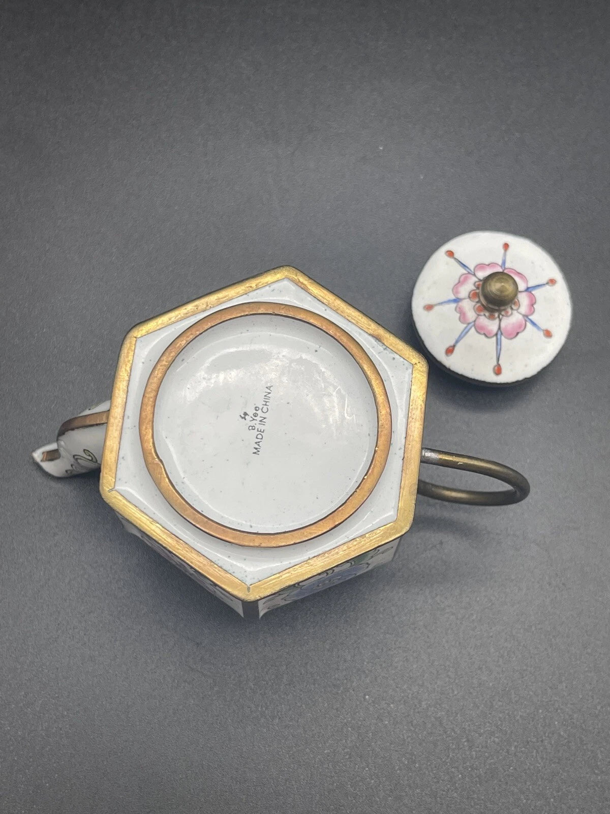 Chinemel B. Yee Enamel On Copper Miniature White Teapot W/Floral