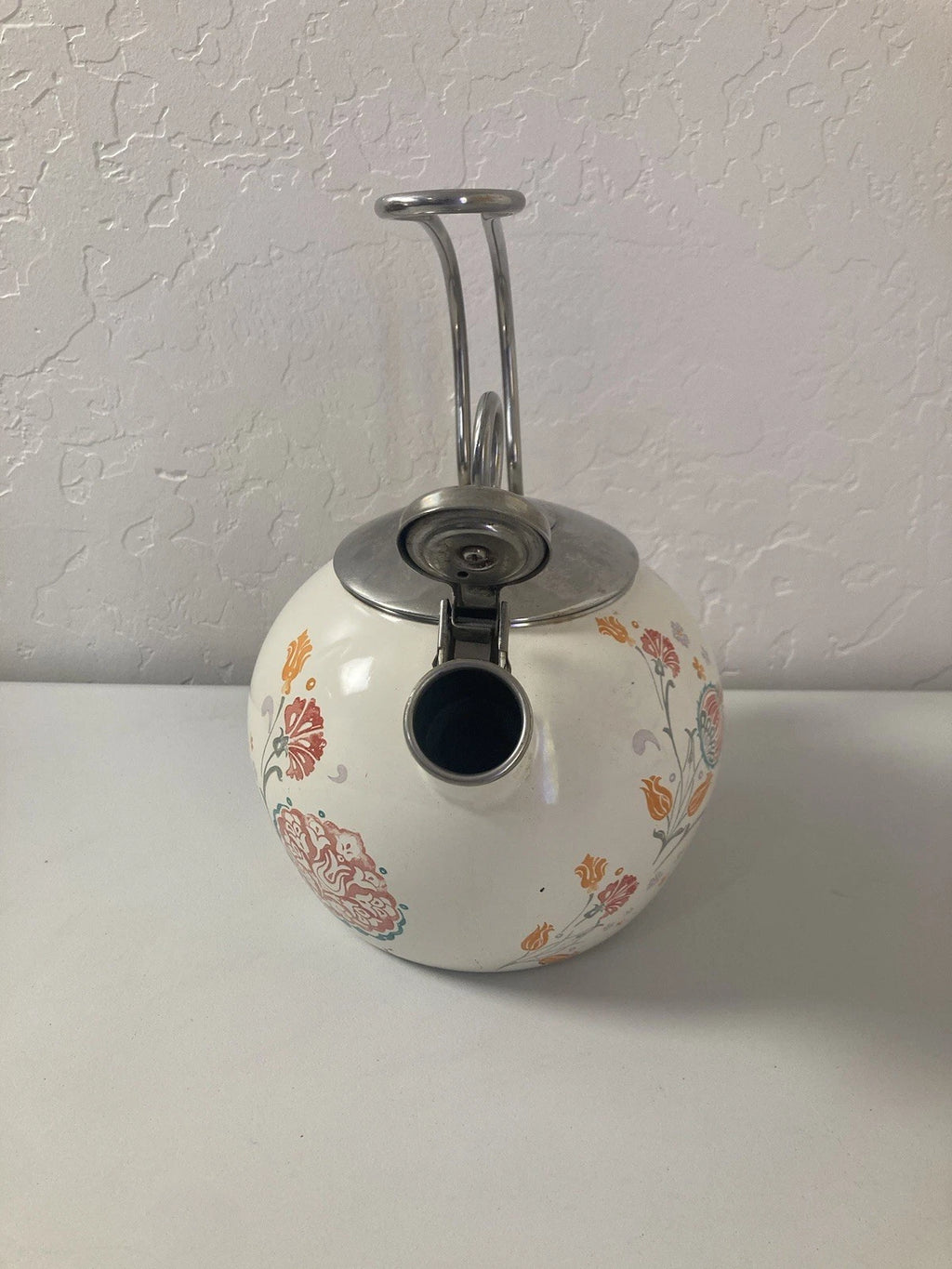 World Market White Orange Floral Pattern Oven Safe Tea Pot Kettle