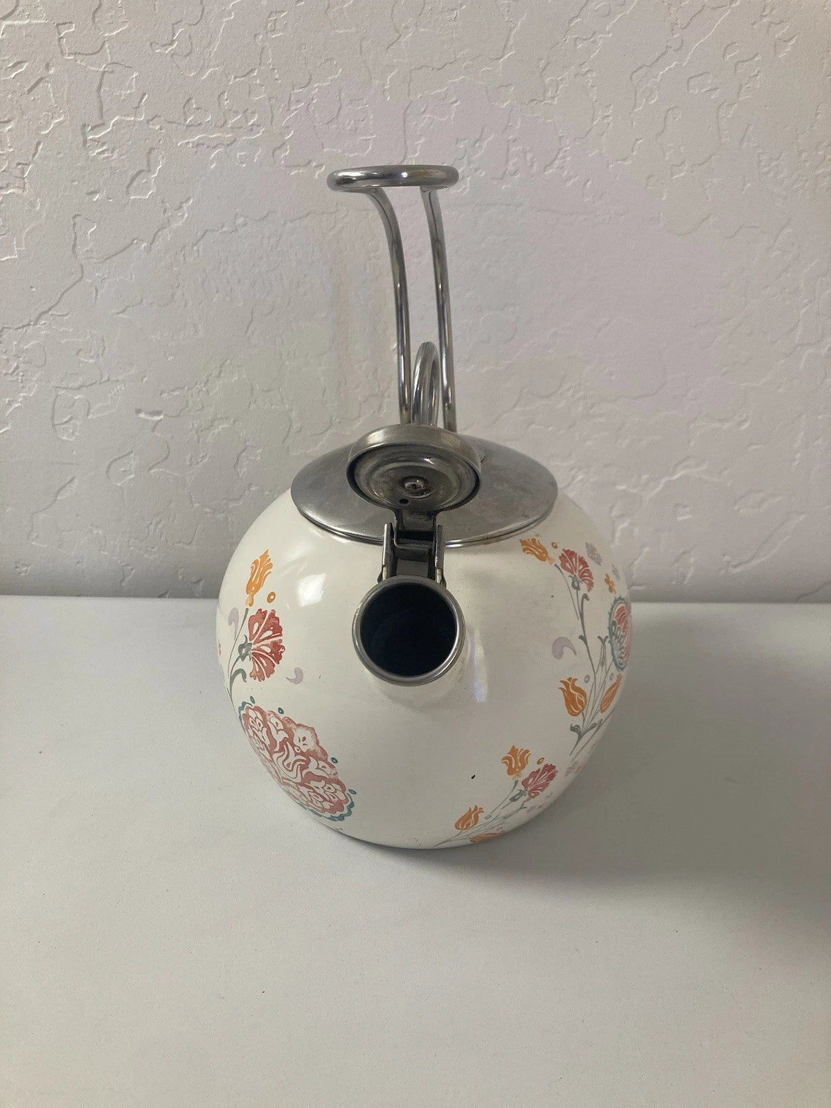 World Market White Orange Floral Pattern Oven Safe Tea Pot Kettle