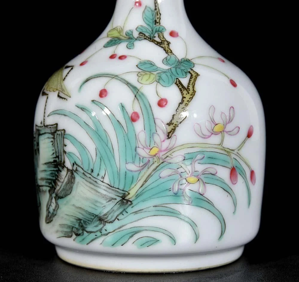 Pair Qianlong Signed Old Chinese Colour Enamel Vase W/orchid N3436