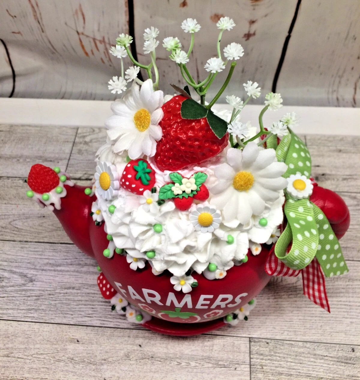 Cute  Farmers Market Strawberry & Daisies Themed Fake Whipped Cream Teapot
