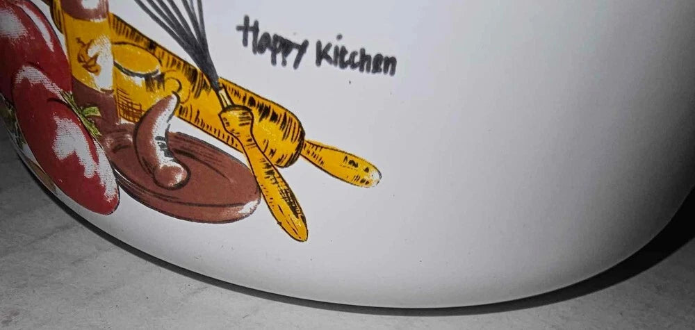 Happy Kitchen 5" Enamelware Bowl Vintage Chrome Rim Tomato Teapot Salad Print