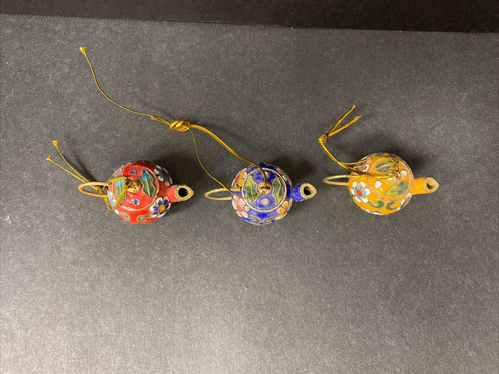 Miniature Cloisonne Teapot Ornaments Enamel Floral Lot of 3