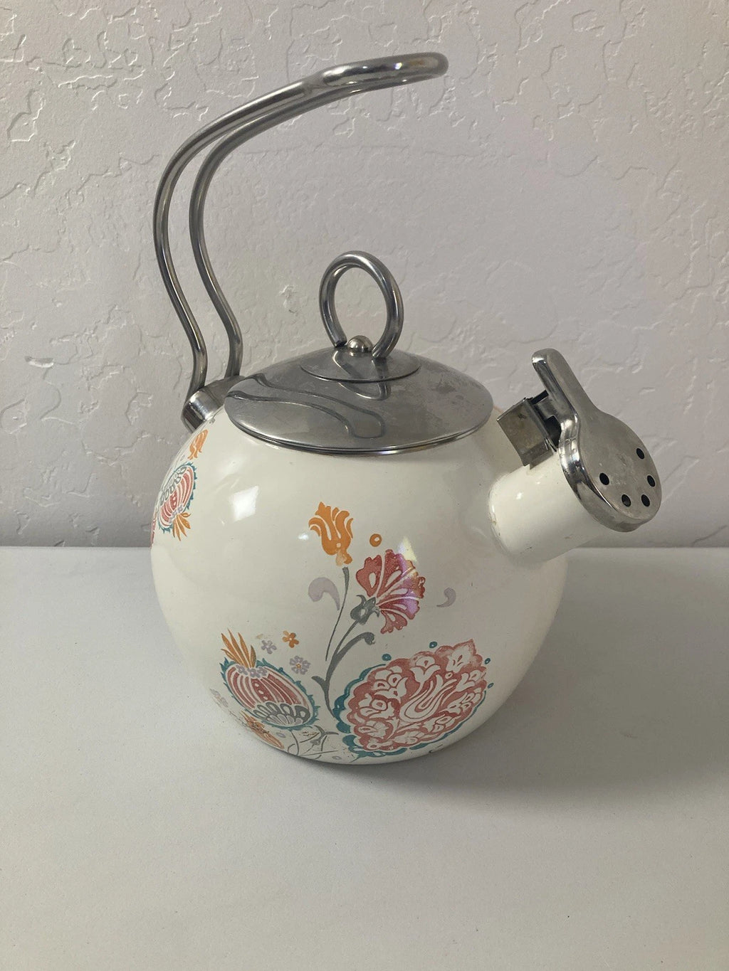 World Market White Orange Floral Pattern Oven Safe Tea Pot Kettle