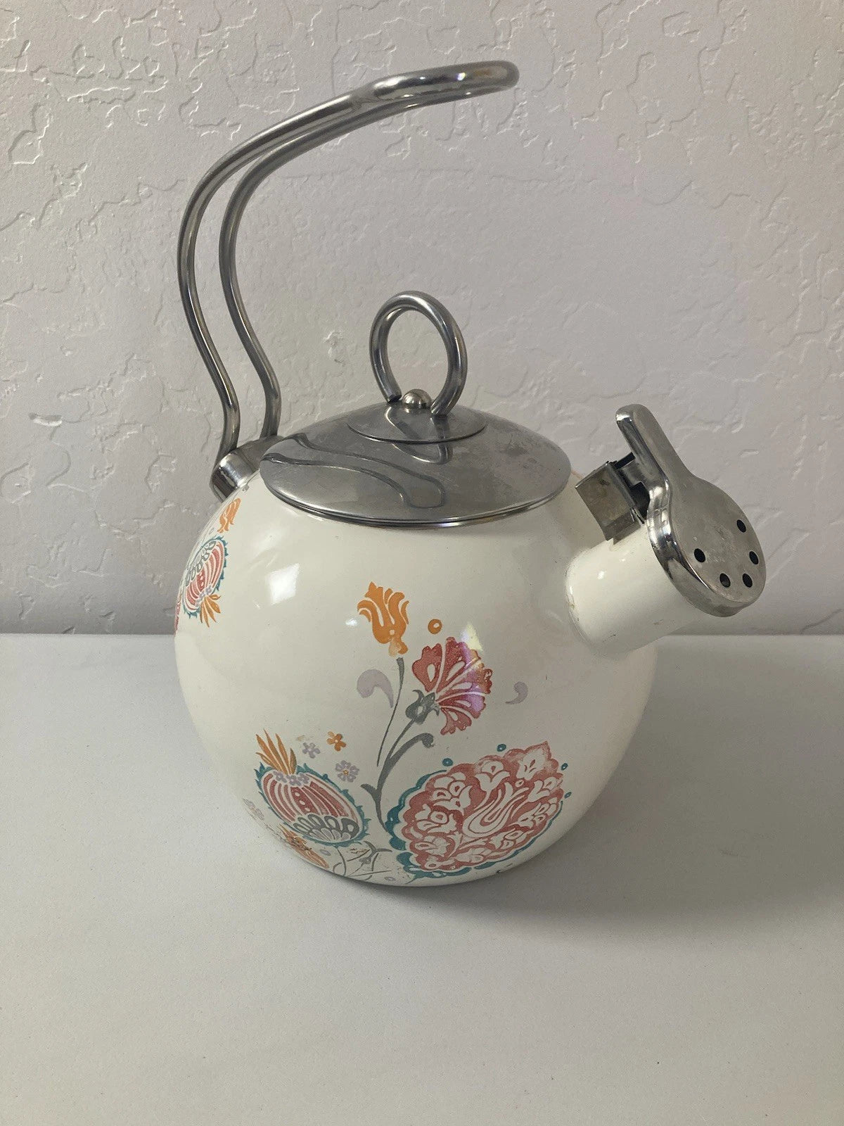 World Market White Orange Floral Pattern Oven Safe Tea Pot Kettle