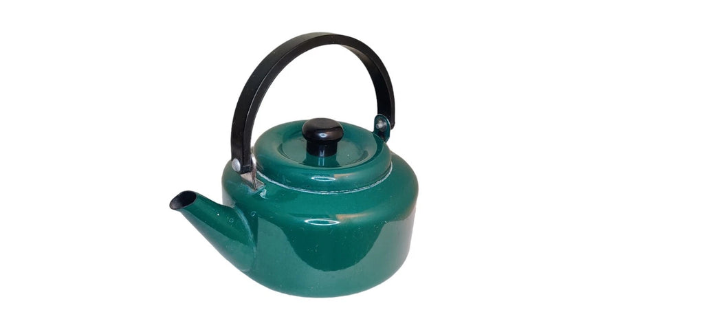 Vintage Teal Green Enamel Tea Kettle with Black Plastic Handle