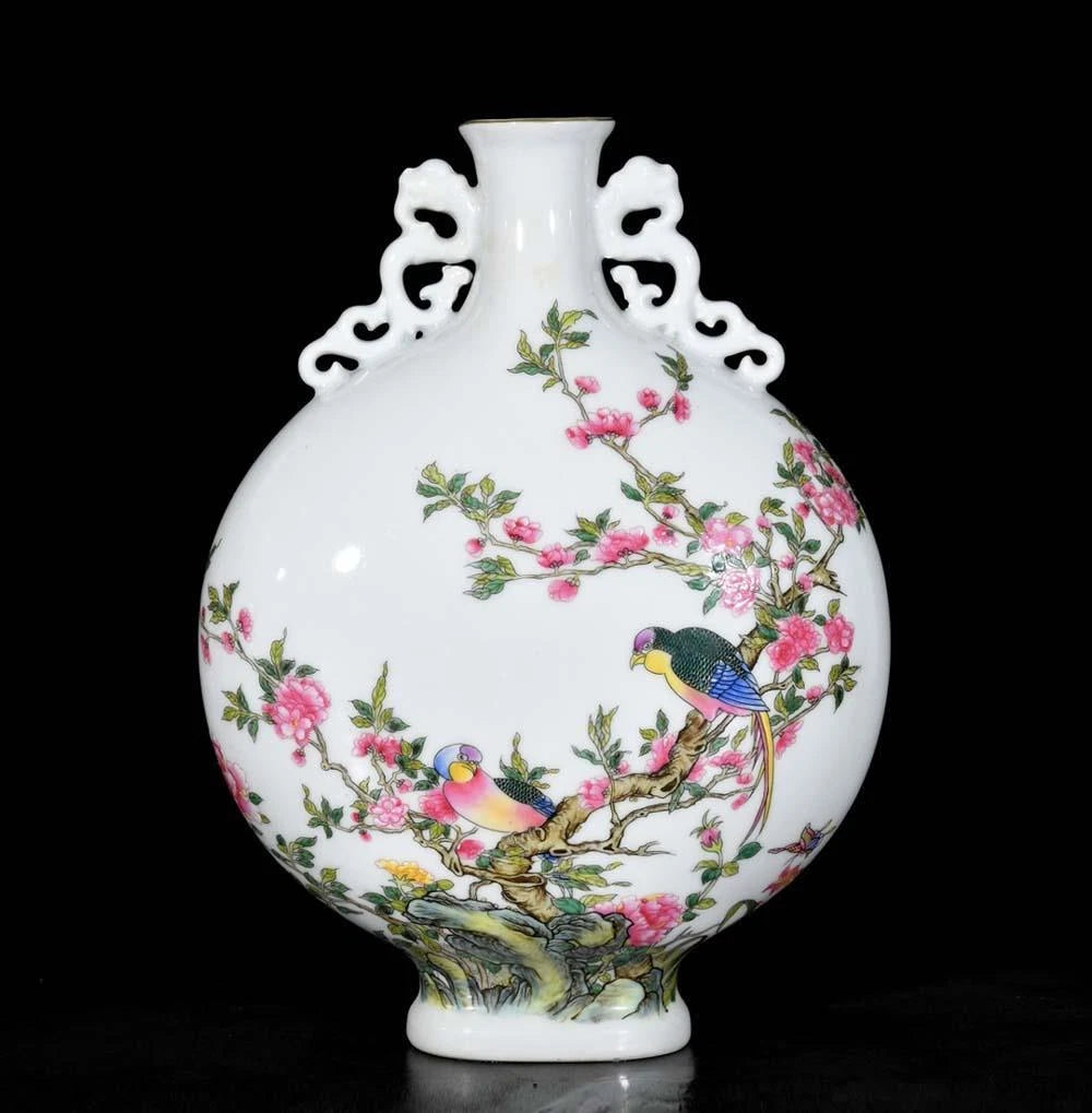 28CM Yongzheng Signed Old Chinese Colour Enamel Vase W/bird N3654