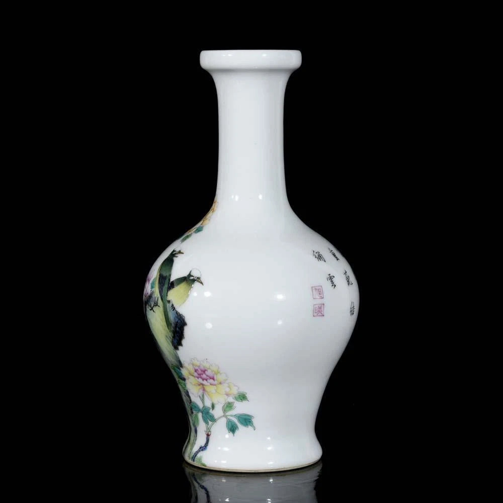 Yongzheng Signed Old Chinese Colour Enamel Vase W/bird N3274