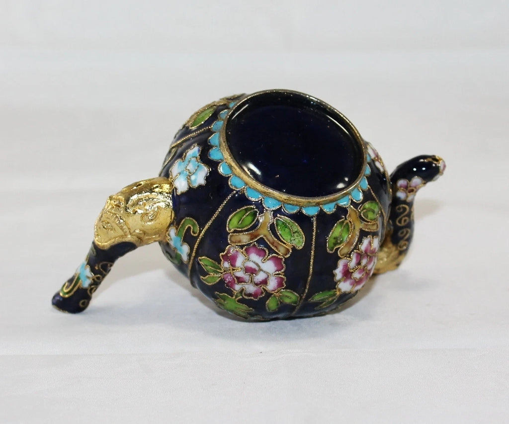 Miniature Cobal Blue Enamel Gilded Cloisonne Colorful Floral Teapot no Lid Cute