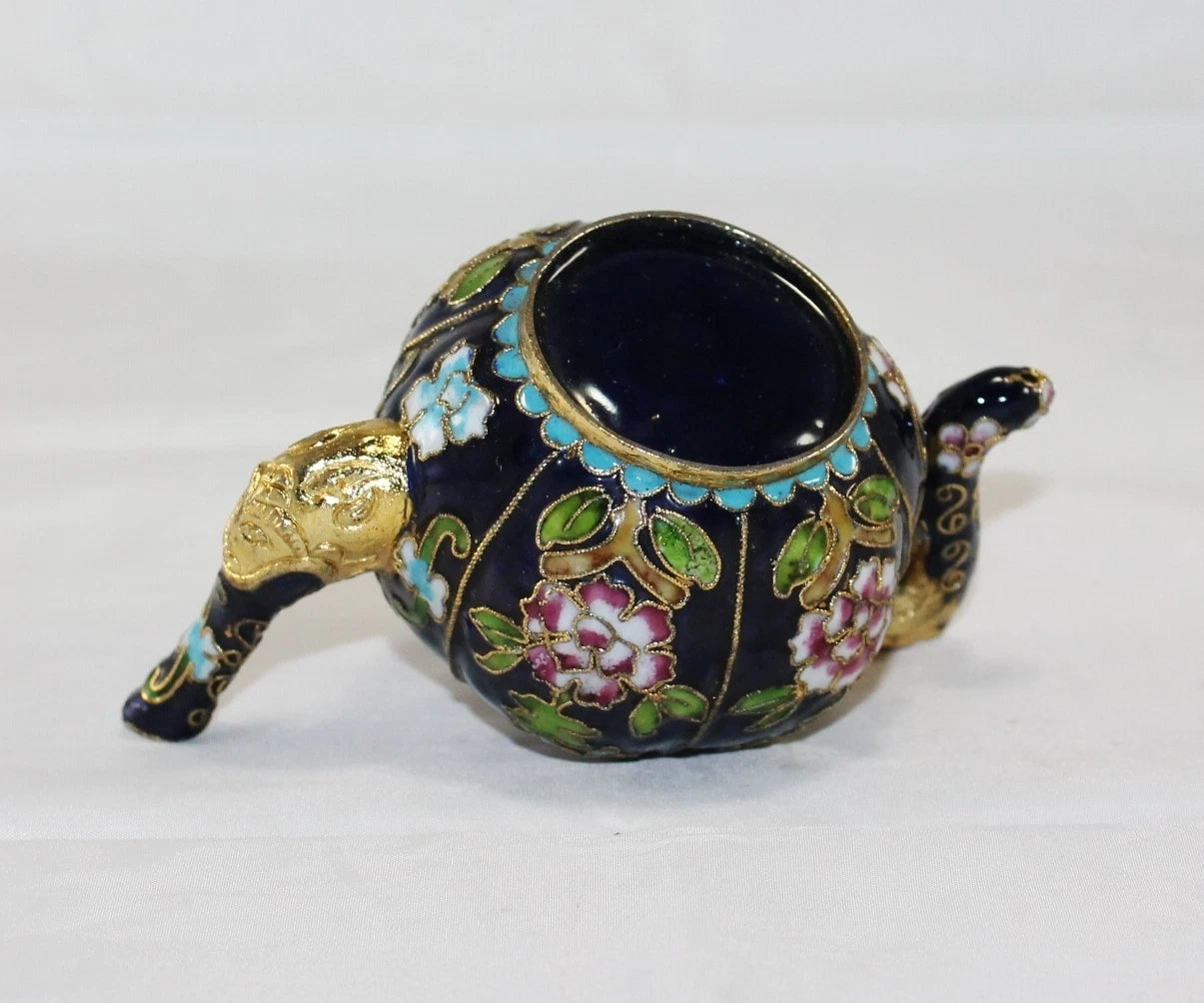 Miniature Cobal Blue Enamel Gilded Cloisonne Colorful Floral Teapot no Lid Cute