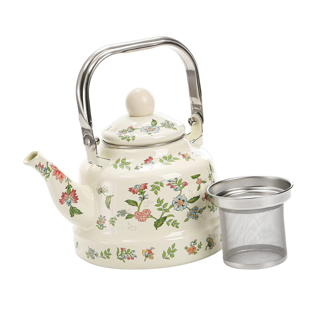 Enamel Water Kettle Coffee Pot Versatile 1.7L with Strainer with Lid Floral