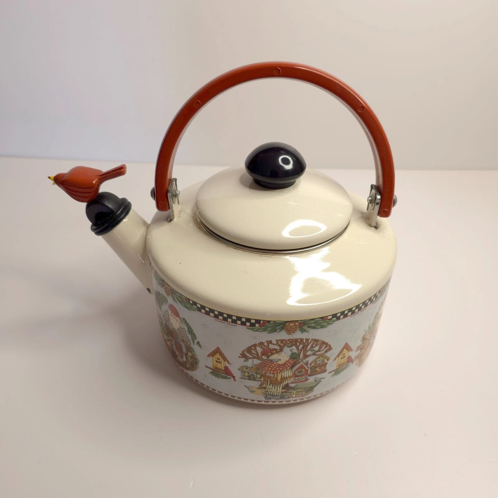 Debbie Mumm Woodland Santa Whistling Tea Kettle 2.5 Qt Porcelain Enamel 1999