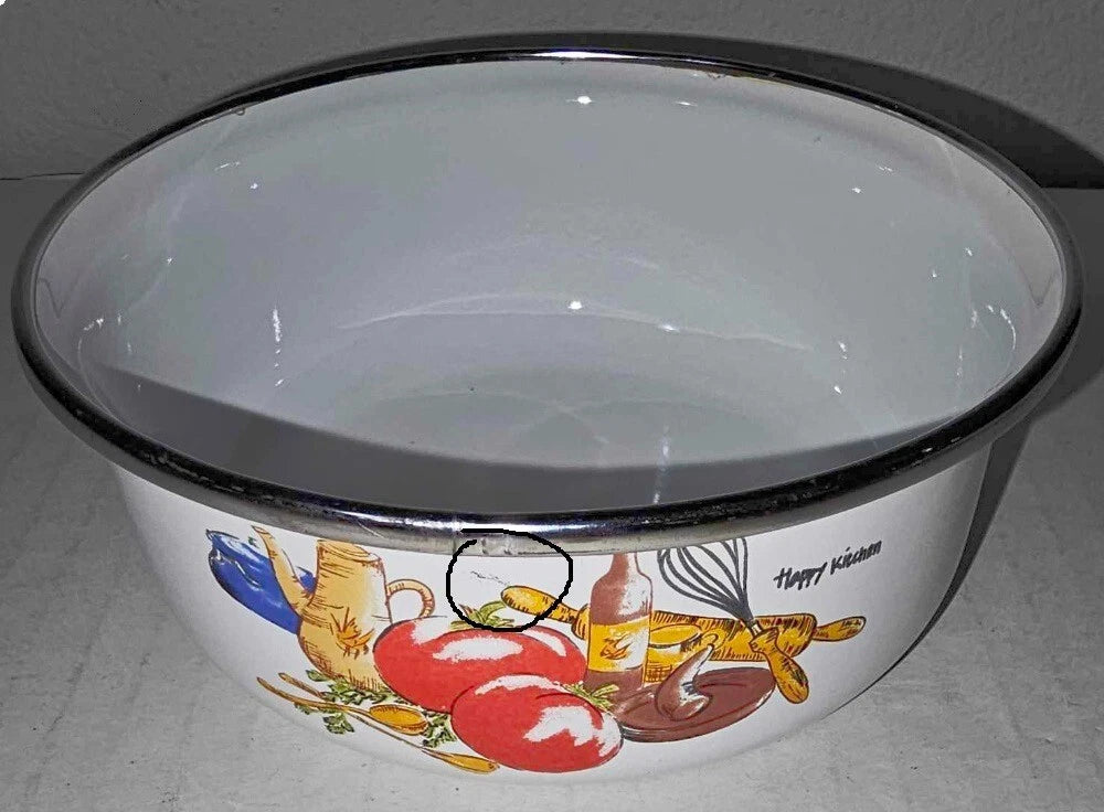 Happy Kitchen 5" Enamelware Bowl Vintage Chrome Rim Tomato Teapot Salad Print