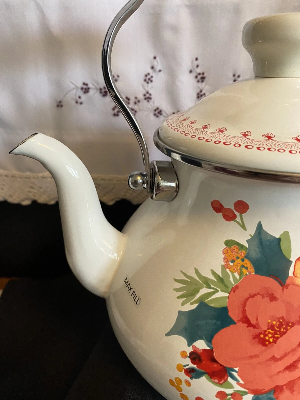 NEW The Pioneer Women Teapot Rose Enamel On Steel 1.9 Quarts Tea Kettle