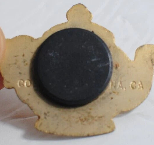 Vintage Gold Tone Enamel Pink & Green Fridge Magnet Tea Kettle Pot