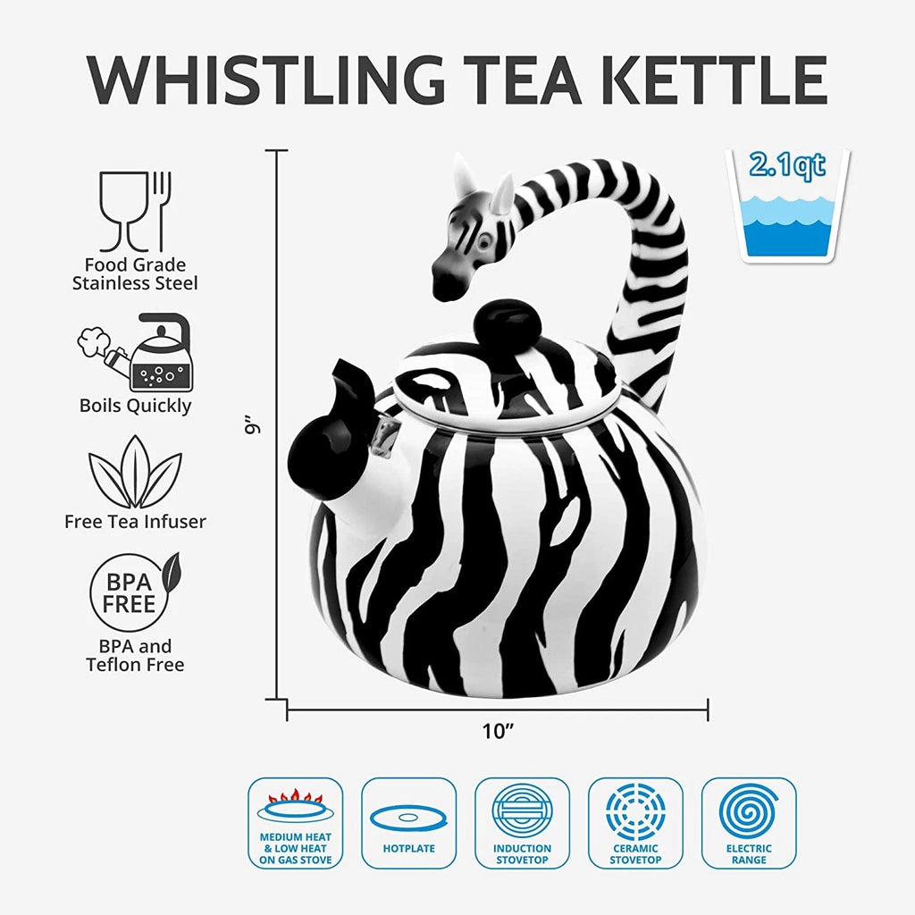 Enameled Zebra Whistling Tea Kettle, 2.3 quarts, Black/White