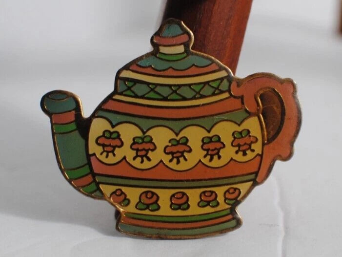 Vintage Gold Tone Enamel Pink & Green Fridge Magnet Tea Kettle Pot