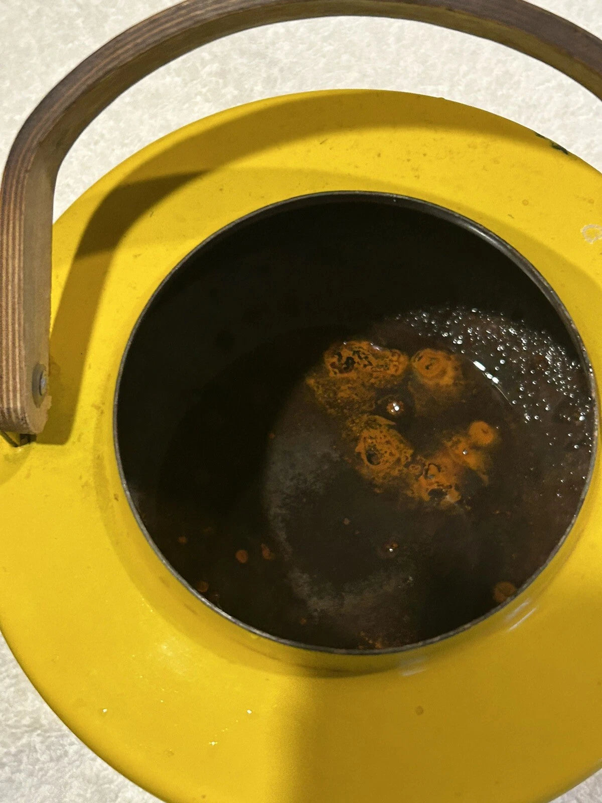 Enamelware Yellow teapot w wooden bentwood handle Copco Michael Lax Kettle retro