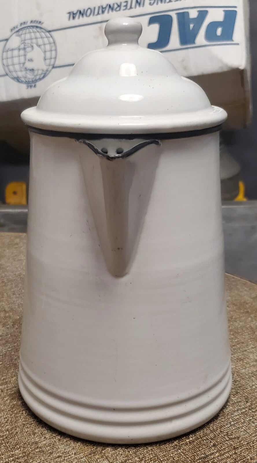 Graniteware Teapot White with Black Trim Enamelware Coffee Pot Vintage