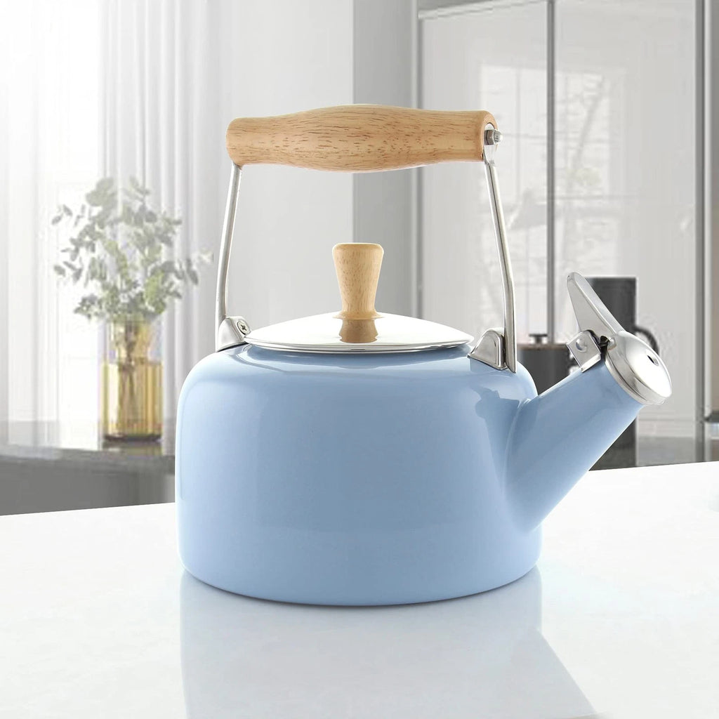 SVEN Enamel on Steel Whistling Teakettle with Natural Wood handle, 1.4 quarts...