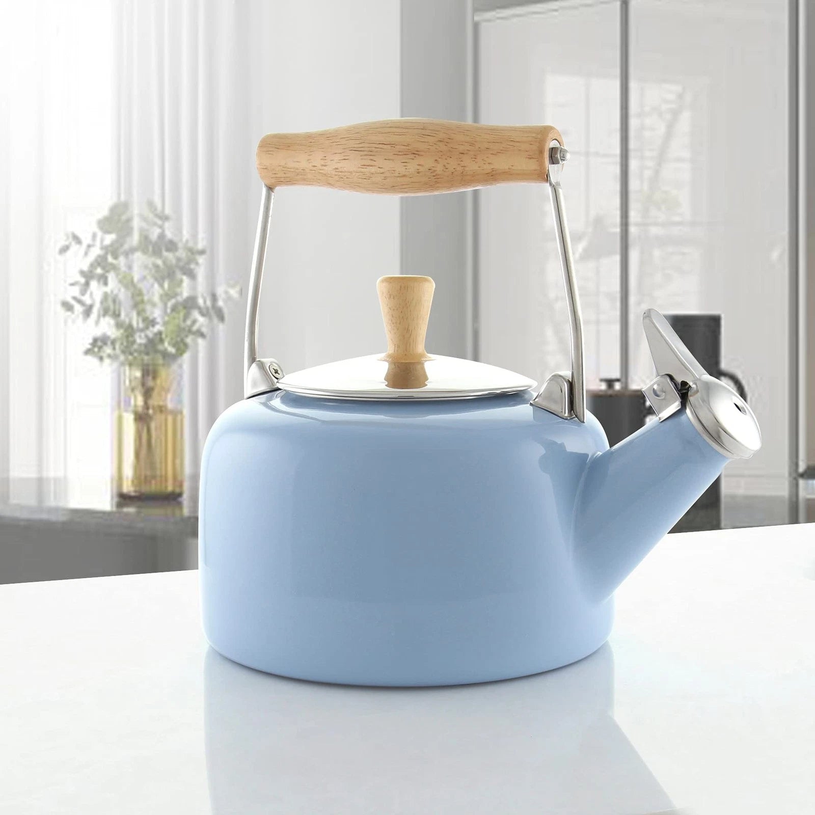 SVEN Enamel on Steel Whistling Teakettle with Natural Wood handle, 1.4 quarts...