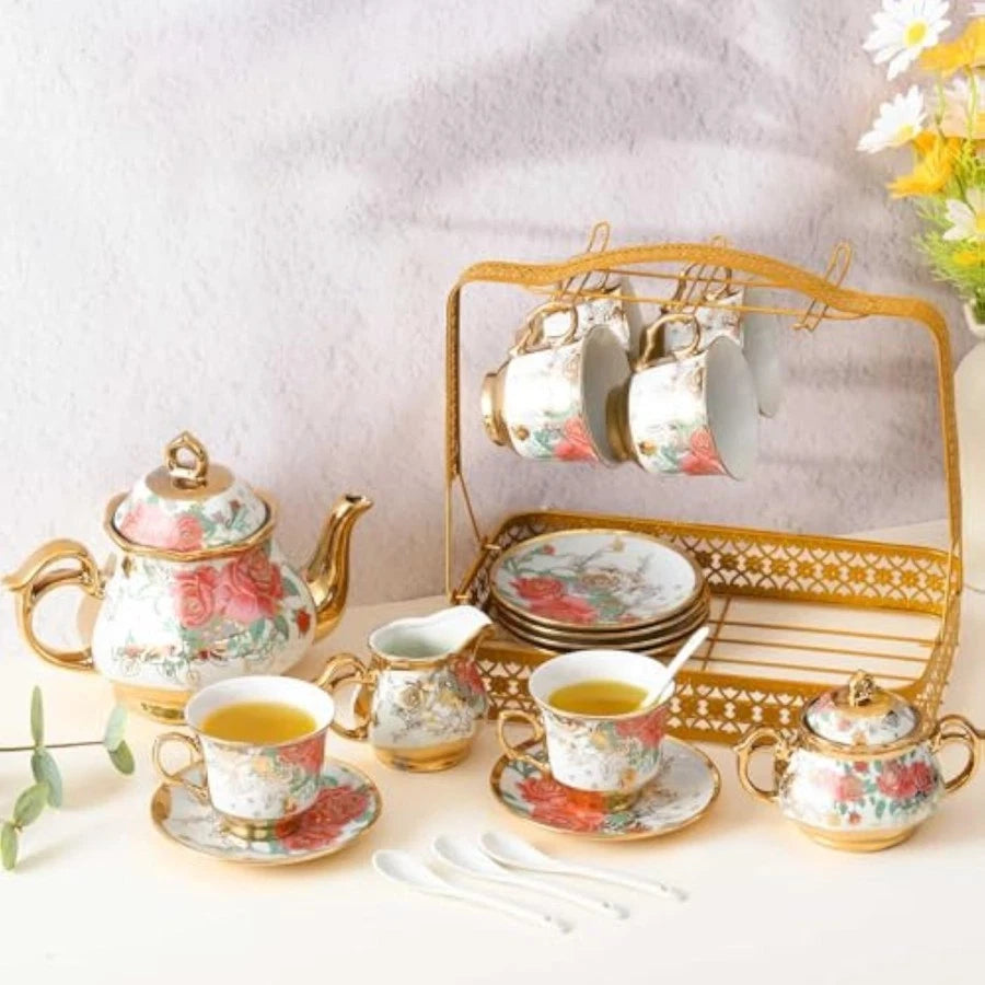 22 Pcs Gold Plated Vintage Floral Porcelain Tea Set for Adults with Me