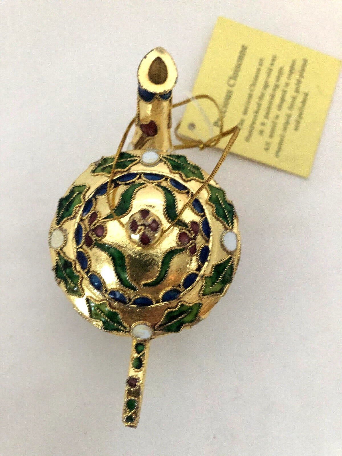 Cloisonné Style Enamel Mini Teapot Ornament Gold with Cherries and Fruit 4 in.