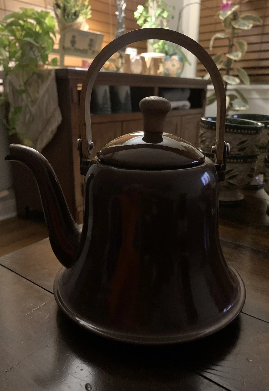 Brown Enamel Vintage  Tea Kettle W/ Wooden Handle Tiny Chip On Lid & Rim