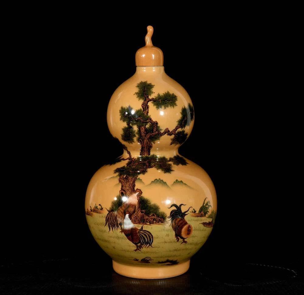 37CM Qianlong Signed Old Chinese Colour Enamel Vase W/cock N3324