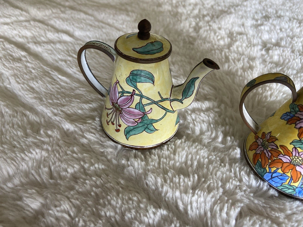 Collector’s Hand Painted Enamel Teapot Flowers  Butterflies Kelvin Chen Unsigned