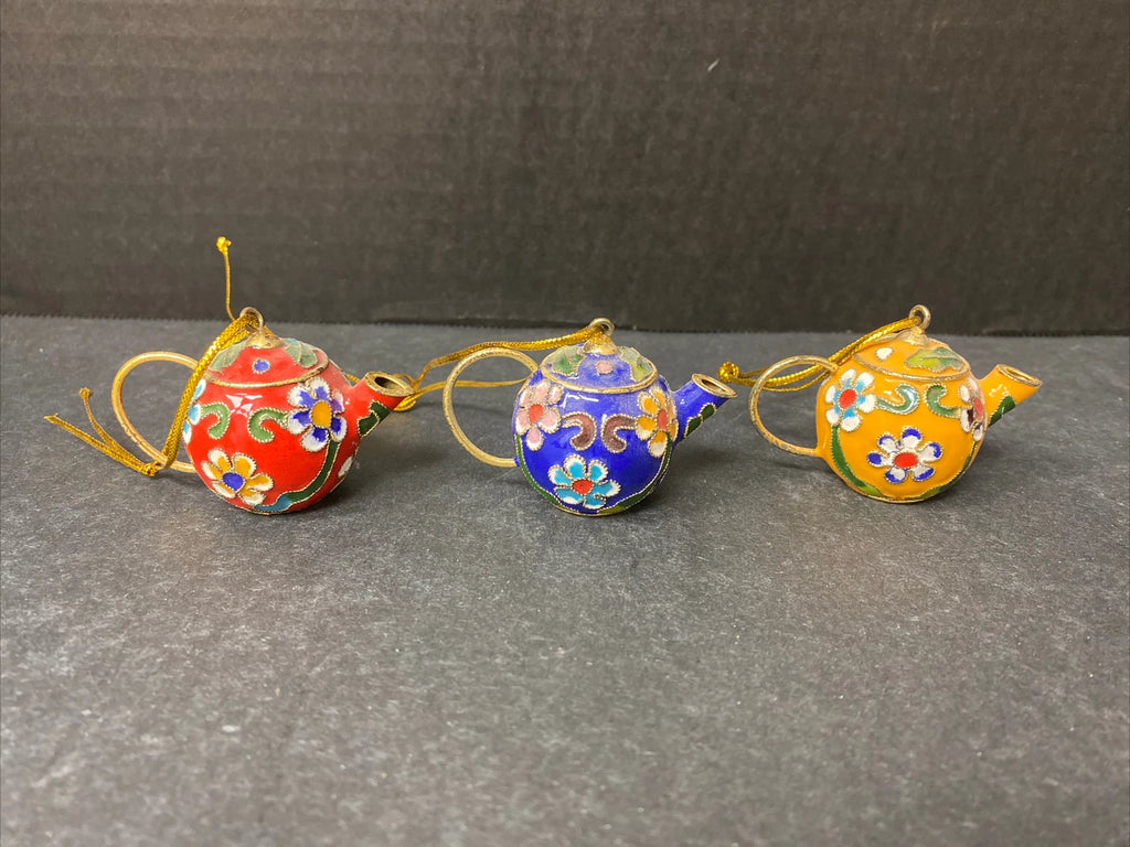 Miniature Cloisonne Teapot Ornaments Enamel Floral Lot of 3
