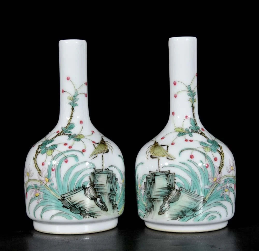 Pair Qianlong Signed Old Chinese Colour Enamel Vase W/orchid N3436
