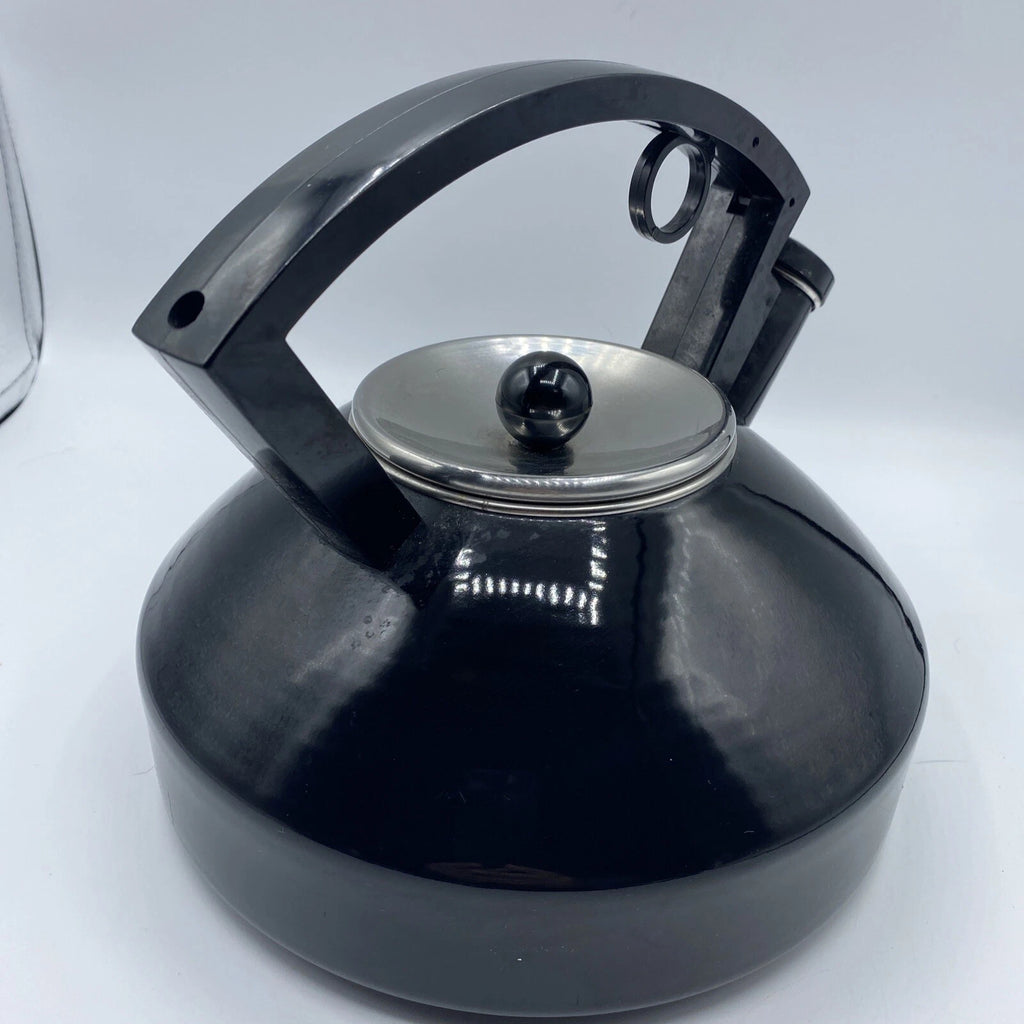 Vintage Black Enamel Tea Kettle Metal Sleek Design Silver Lid Black Knob