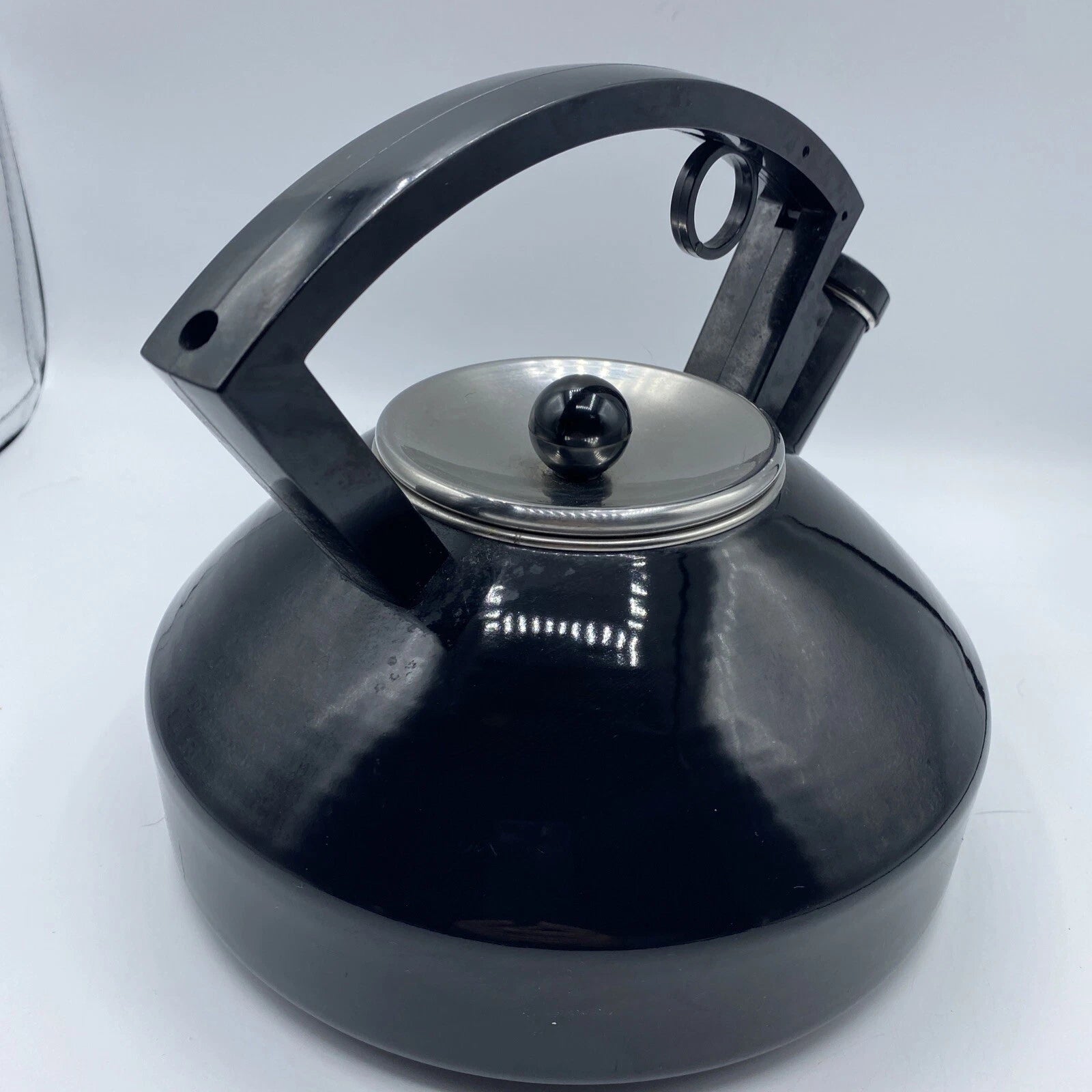 Vintage Black Enamel Tea Kettle Metal Sleek Design Silver Lid Black Knob