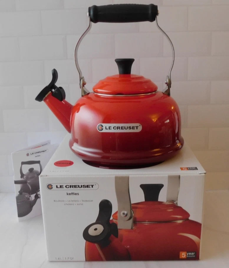 Le Creuset Enamel on Steel 1.7 Quart Whistling Tea Kettle in Cerise - New