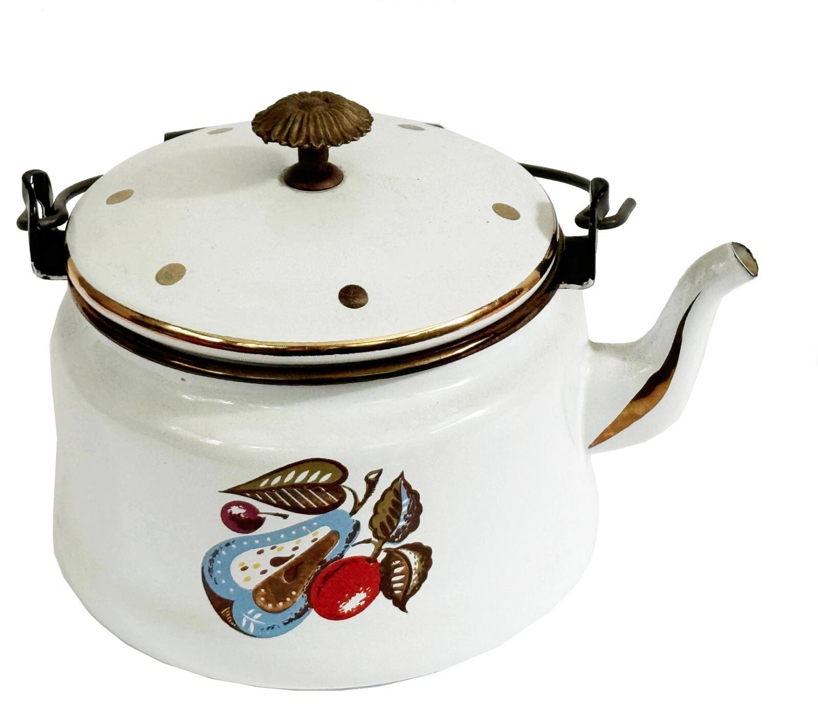 GEORGES BRIARD Tea Kettle Enamelware Fruit Vegetables Gold Accents Mid Century