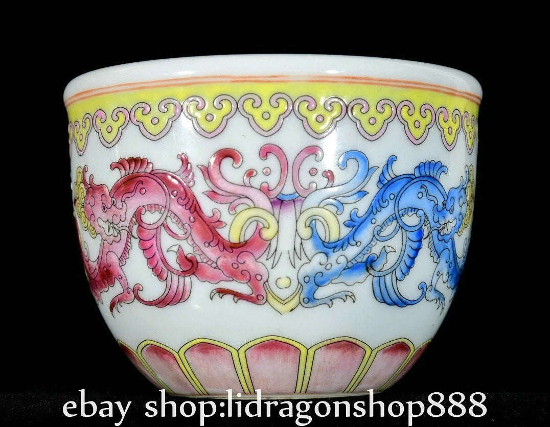 3.7" Qianlong Marked Enamel Porcelain Dragon Beast Pattern Wine Tea Cup Pair