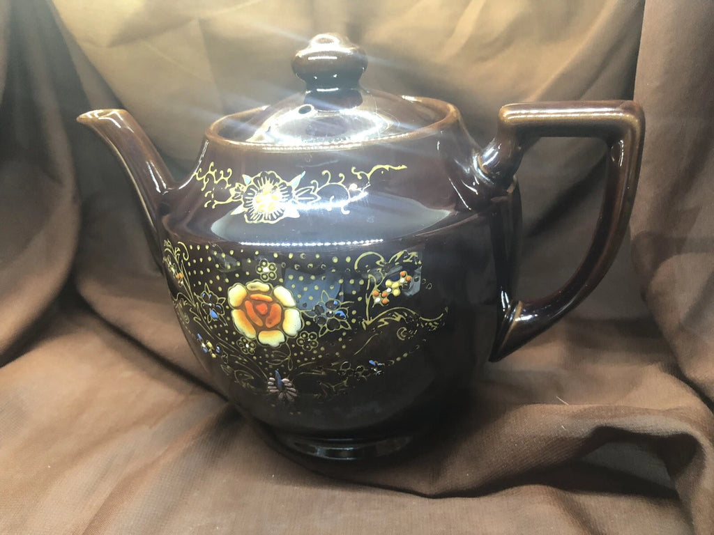 Vintag Brown Betty Tea Pot- Gold Trim Moriage Enameled Flowers, 5 1/4" Japan