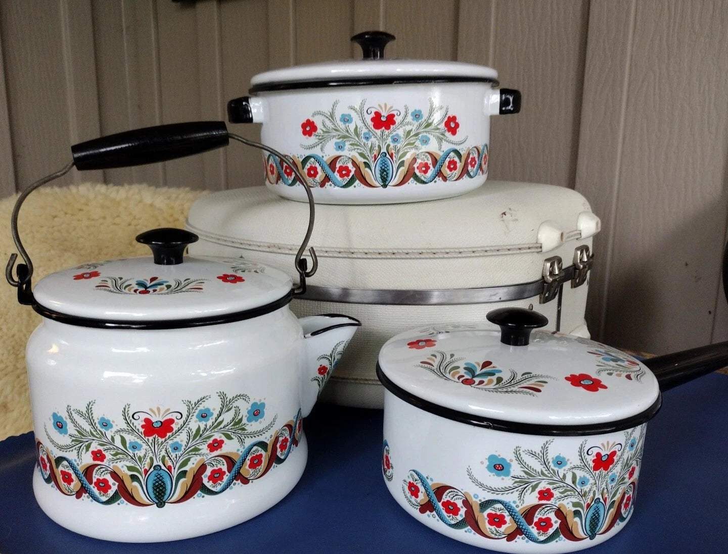 VTG White Enamelware Rosemaling Cookware 6 piece Tea pot stock pot sauce pan