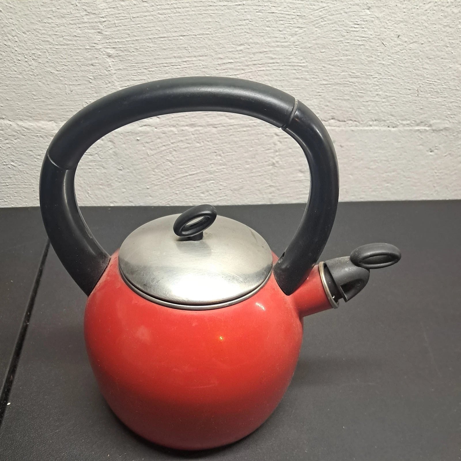 Copco Red Whistling Tea Kettle 2 Qt. Porcelain  used  good condition