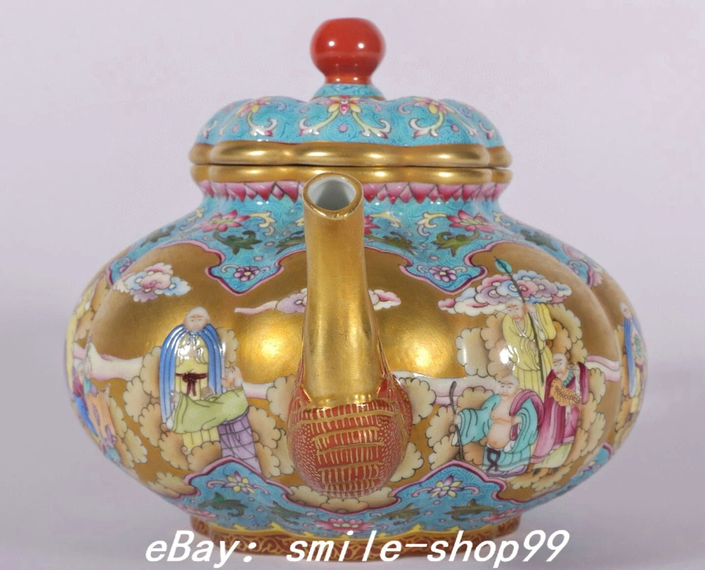 7.4" Qianlong Enamel Colour Porcelain Gold lohan Arhat Damo Dragon Kettle Pot