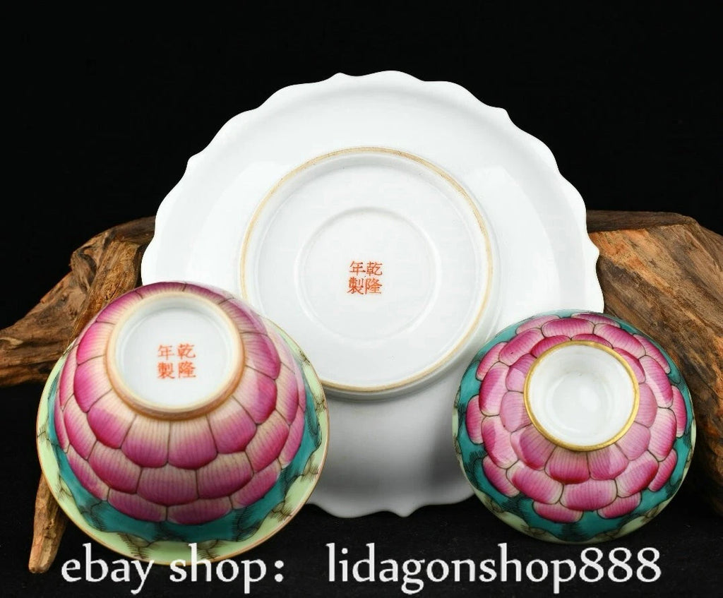 6.2" Old Chinese Qianlong Enamel Porcelain Lotus Flower Lid Tea Plate Tray